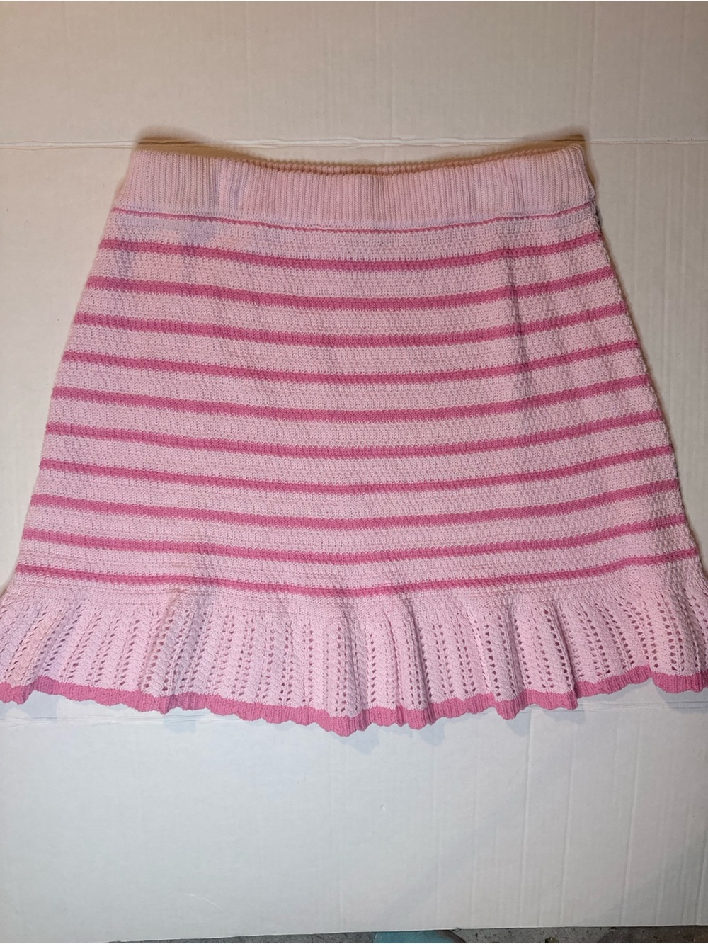 Pink Striped Knit Mini Skirt with Ruffle Hem